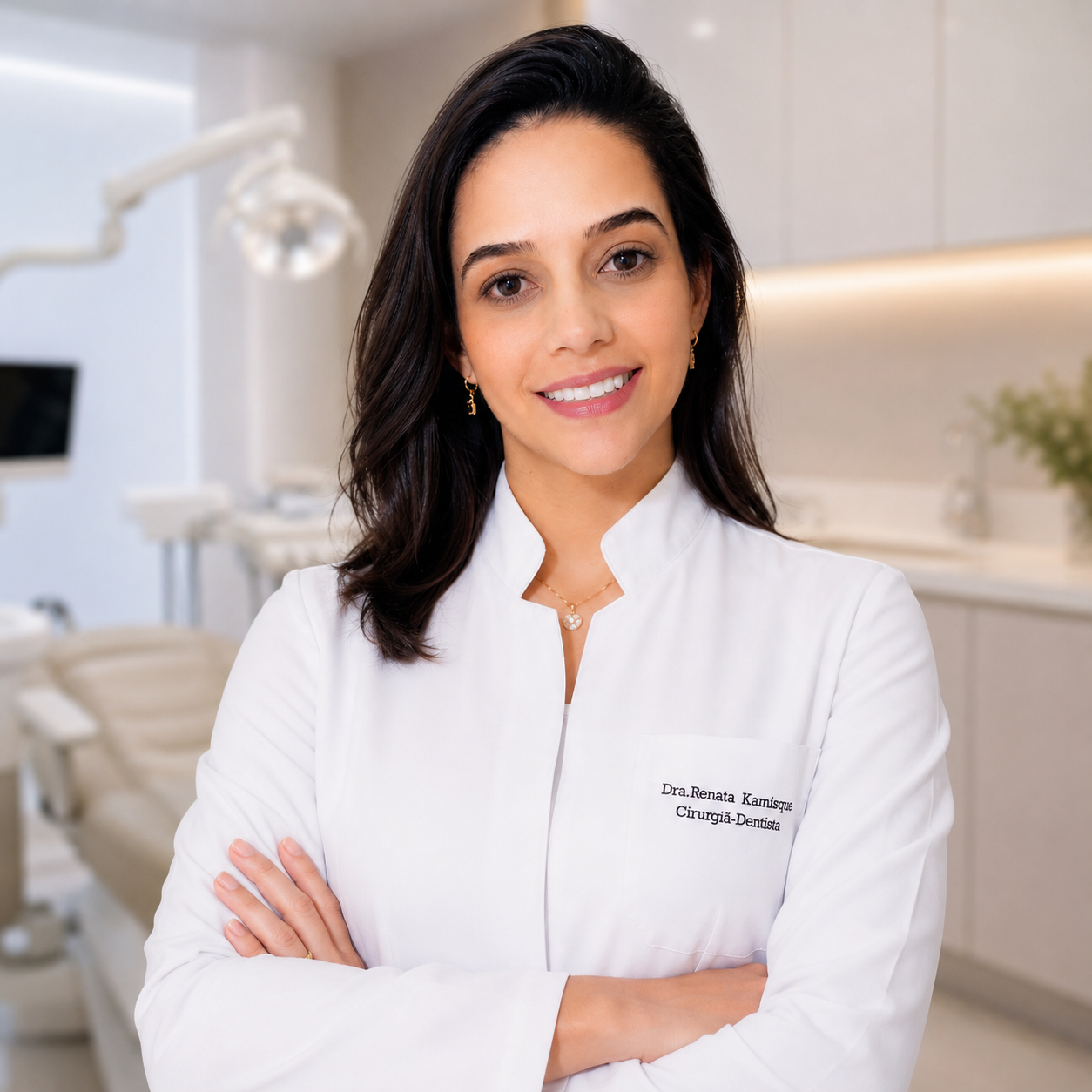 Dra. Renata Kamisque, cirurgiã-dentista, em seu consultório